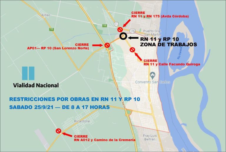 Sábado 25: Cierran Ruta 10 y Ruta 11 entre San Lorenzo y Puerto General San Martín